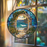 Ocean Archway Stained Glass Suncatcher, Round Coastal Beach Window Panel with Waves and Stone Path, Seaside Nature Home Decor Gift